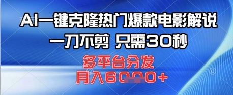 AI一键克隆热门爆款电影解说，一刀不剪，只需30秒，多平台分发，月入6k-我的网站